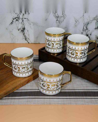 Sage Premium Royal Golden Print Design Ceramic Coffee & Tea Cups | Set of 4 | 180 ML | 3 x 3 inches