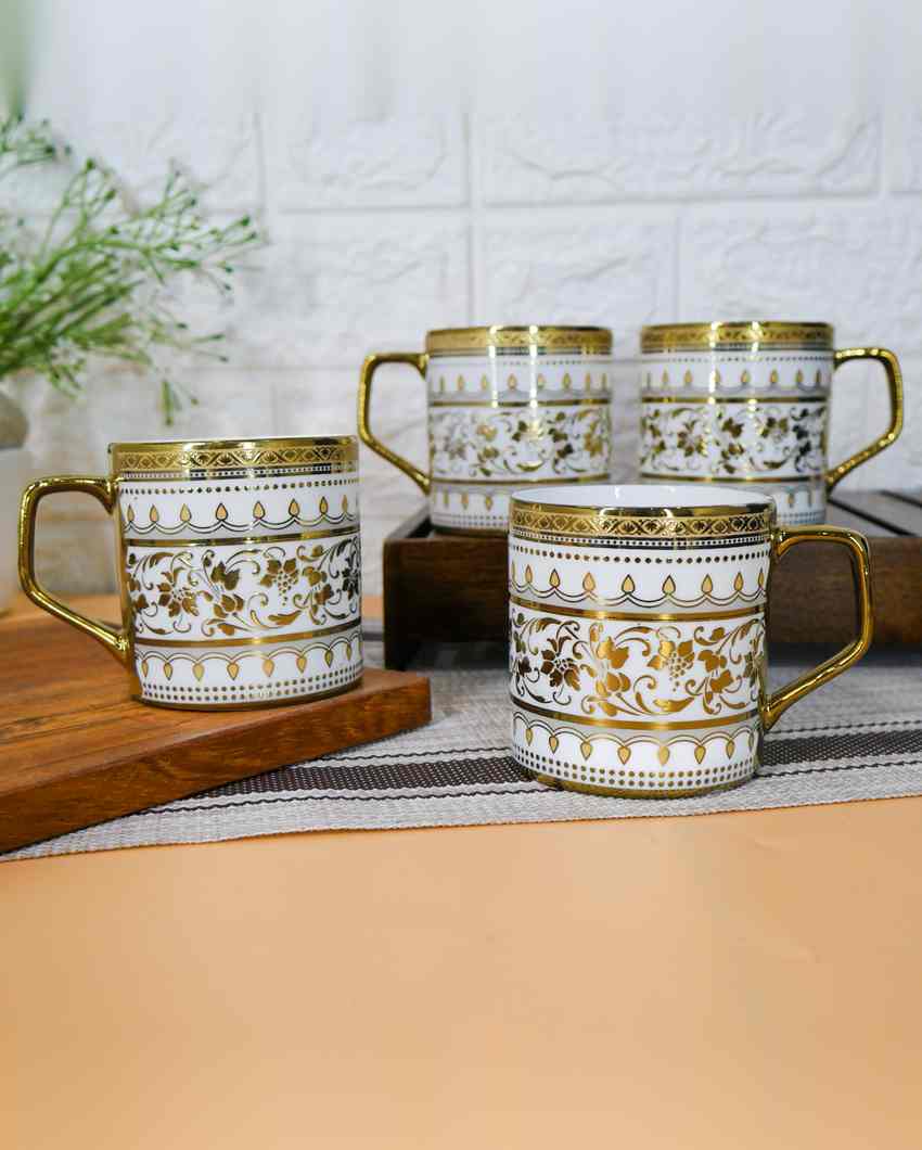 Sage Premium Royal Golden Print Design Ceramic Coffee & Tea Cups | Set of 4 | 180 ML | 3 x 3 inches