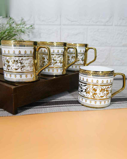 Sage Premium Royal Golden Print Design Ceramic Coffee & Tea Cups | Set of 4 | 180 ML | 3 x 3 inches