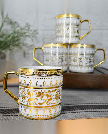 Sage Premium Royal Golden Print Design Ceramic Coffee & Tea Cups | Set of 4 | 180 ML | 3 x 3 inches