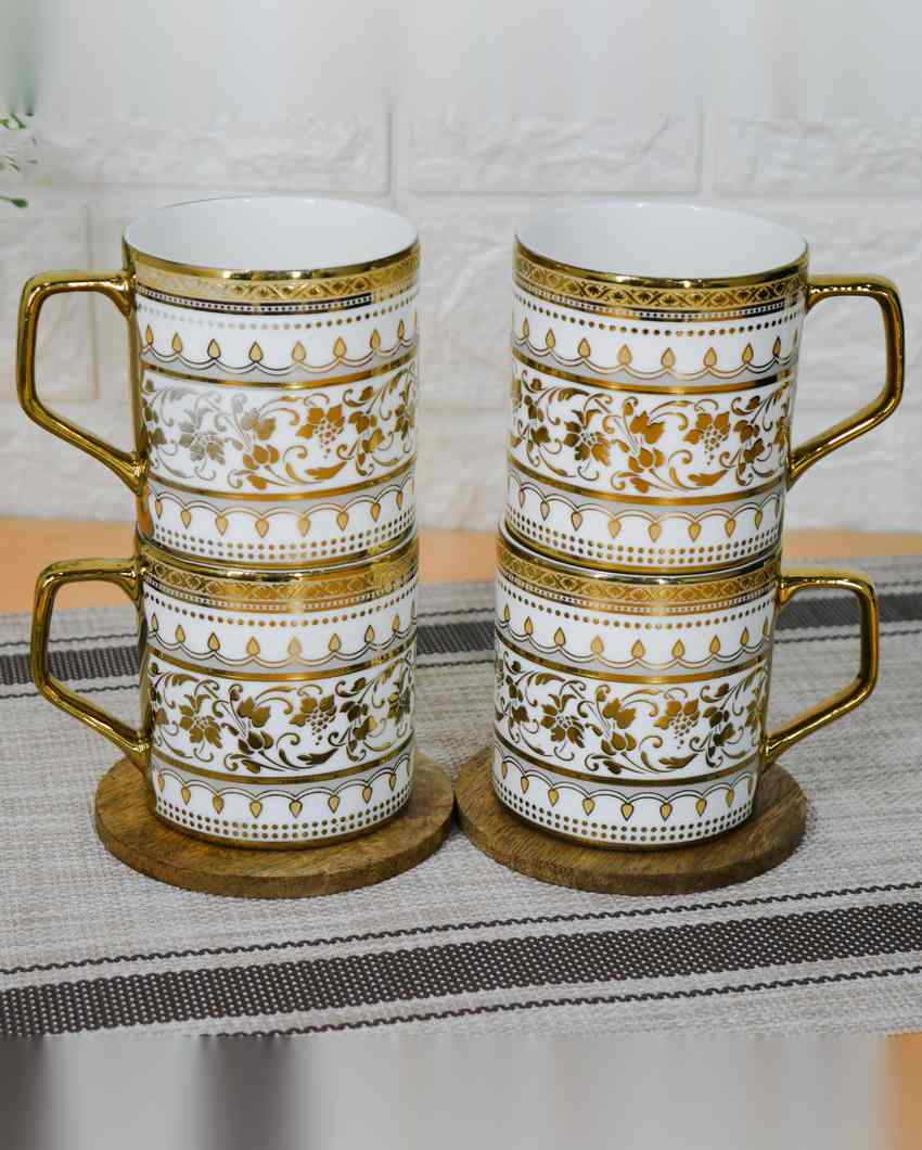 Sage Premium Royal Golden Print Design Ceramic Coffee & Tea Cups | Set of 4 | 180 ML | 3 x 3 inches