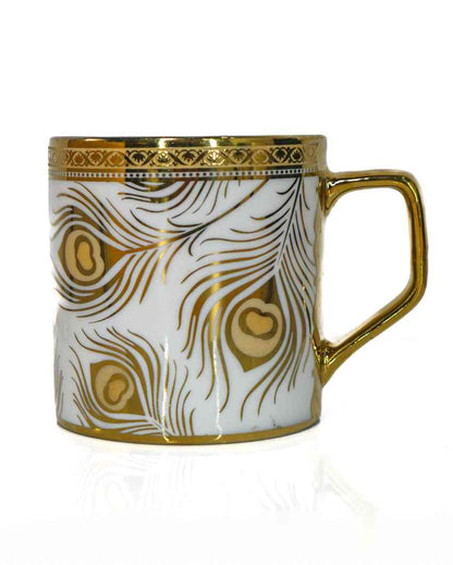 Feather Premium Golden Peacock Pattern Design Ceramic Coffee & Tea Cups | Set of 4 | 180 ML | 3 x 3 inches