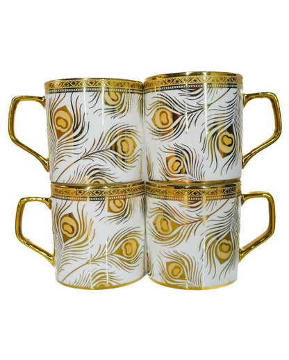 Feather Premium Golden Peacock Pattern Design Ceramic Coffee & Tea Cups | Set of 4 | 180 ML | 3 x 3 inches