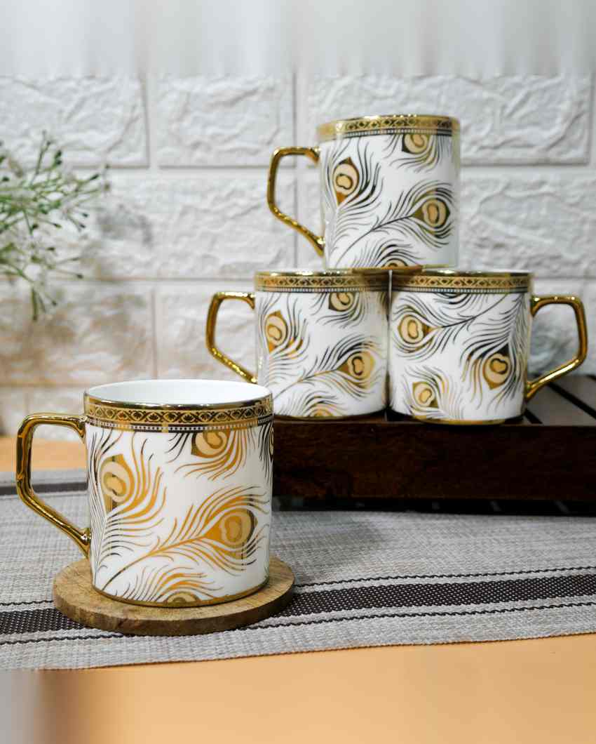 Feather Premium Golden Peacock Pattern Design Ceramic Coffee & Tea Cups | Set of 4 | 180 ML | 3 x 3 inches