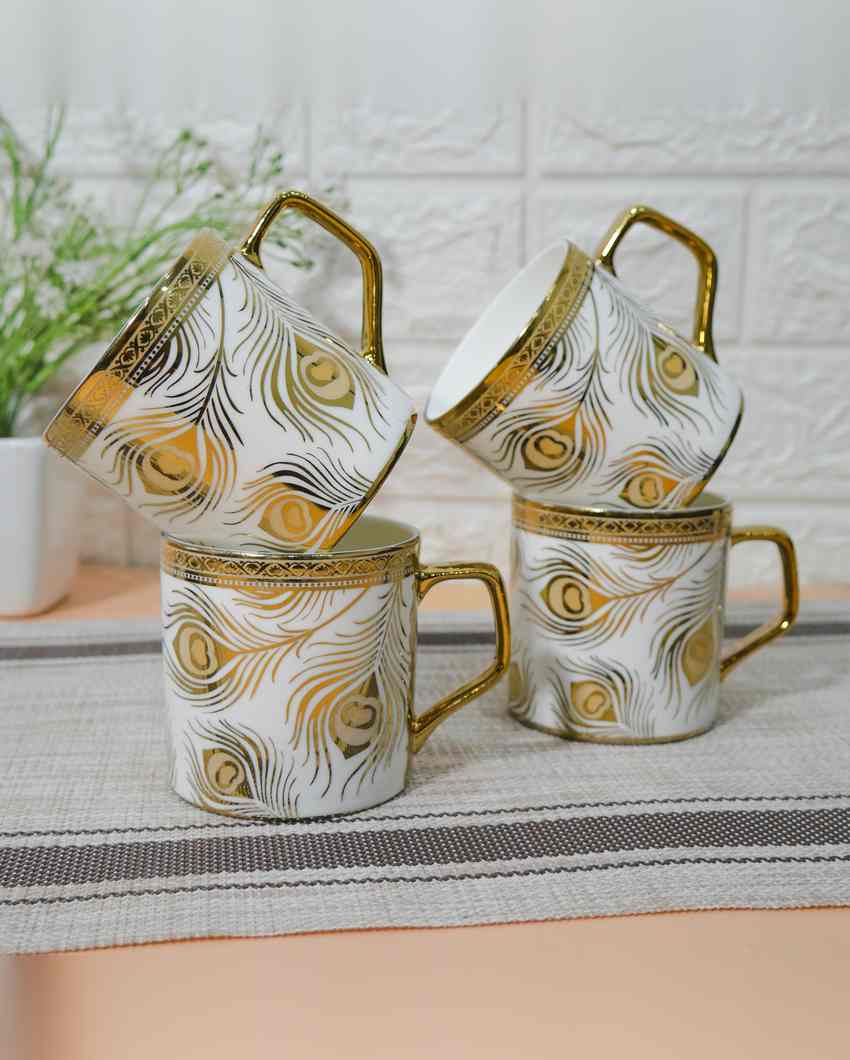 Feather Premium Golden Peacock Pattern Design Ceramic Coffee & Tea Cups | Set of 4 | 180 ML | 3 x 3 inches