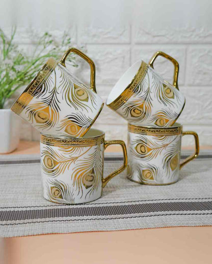 Feather Premium Golden Peacock Pattern Design Ceramic Coffee & Tea Cups | Set of 4 | 180 ML | 3 x 3 inches