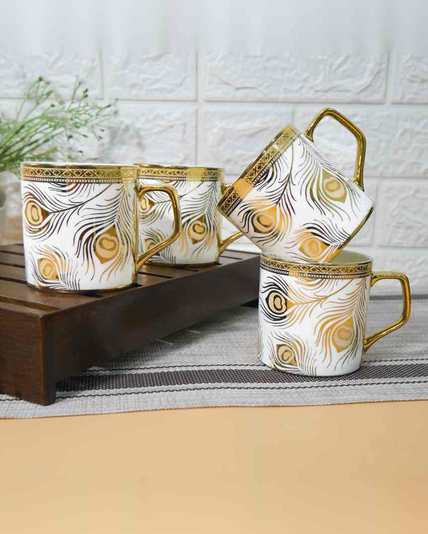 Feather Premium Golden Peacock Pattern Design Ceramic Coffee & Tea Cups | Set of 4 | 180 ML | 3 x 3 inches