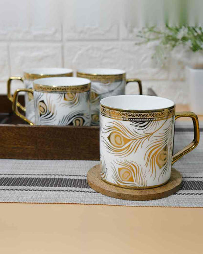 Feather Premium Golden Peacock Pattern Design Ceramic Coffee & Tea Cups | Set of 4 | 180 ML | 3 x 3 inches