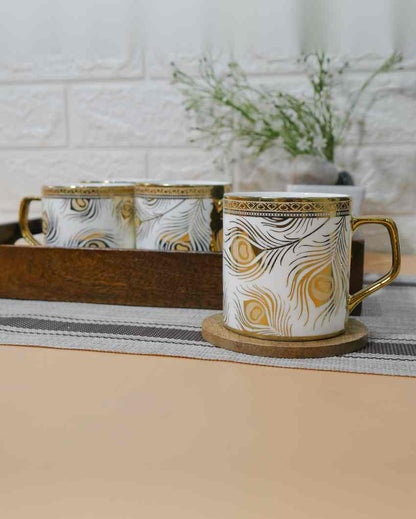 Feather Premium Golden Peacock Pattern Design Ceramic Coffee & Tea Cups | Set of 4 | 180 ML | 3 x 3 inches