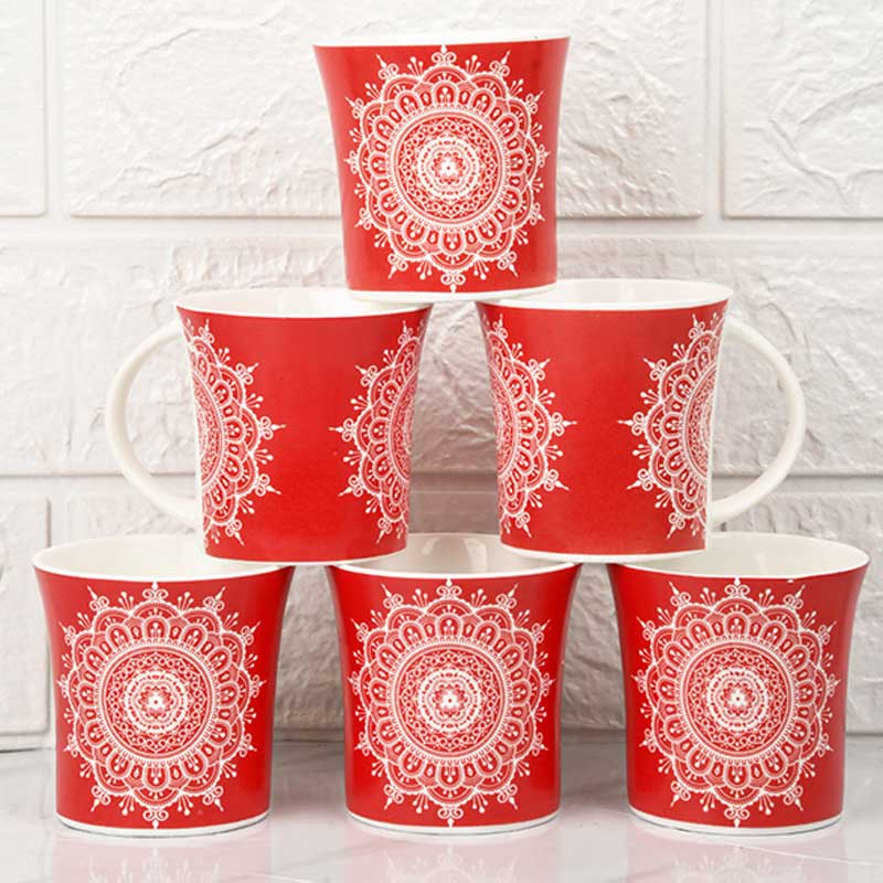 Fine Bone China  Eternal Circle Tea Cups | Set of 6 | 160 ml  | Multiple Colors Red