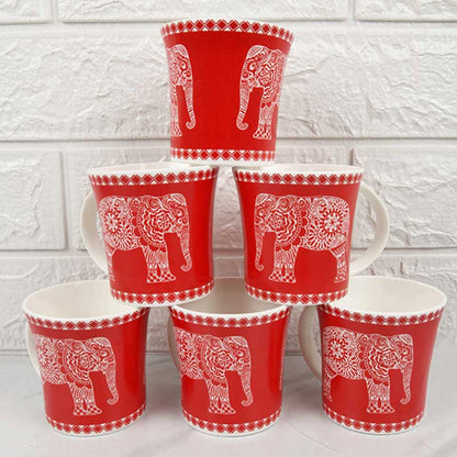 Fine Bone China  Majestic Elephant Design Tea Cups | Set of 6 | 160 ml | Multiple Colors Red