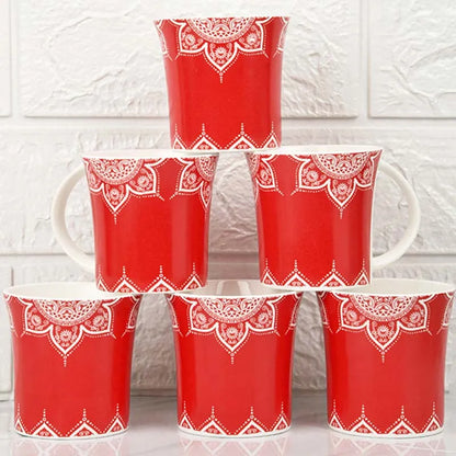 Fine Bone China  Cosmic Mehendi Tea Cups | Set of 6 | 160 ml | Multiple Colors Red