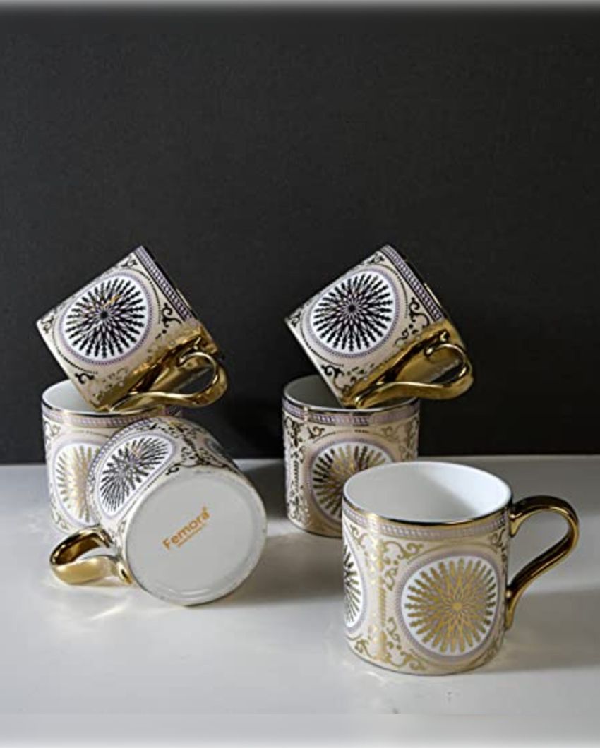 Mandala Pattern With Golden Handle Ceramic  Tea Cups & Coffee Cups| Set Of 6 |130 Ml | Not Microwave Safe