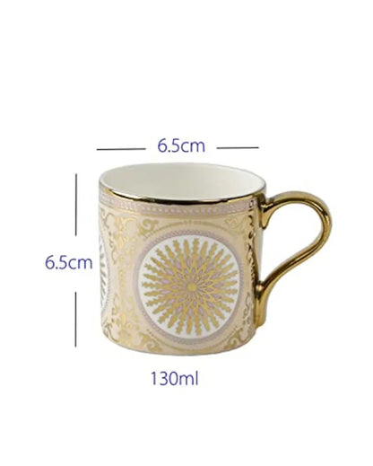 Mandala Pattern With Golden Handle Ceramic  Tea Cups & Coffee Cups| Set Of 6 |130 Ml | Not Microwave Safe