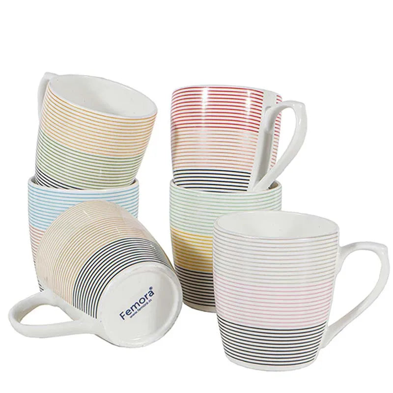 Symmetric Straight Multicolor Lines Fine Bone China Tea Cups | Set of 6 |  160ML Default Title