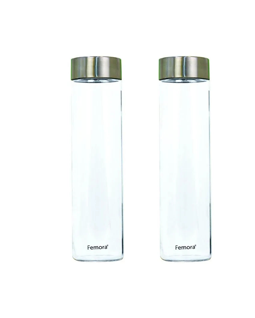 Steel Lid Borosilicate Glass Water Bottle Durability | Set Of 2 | 1000Ml