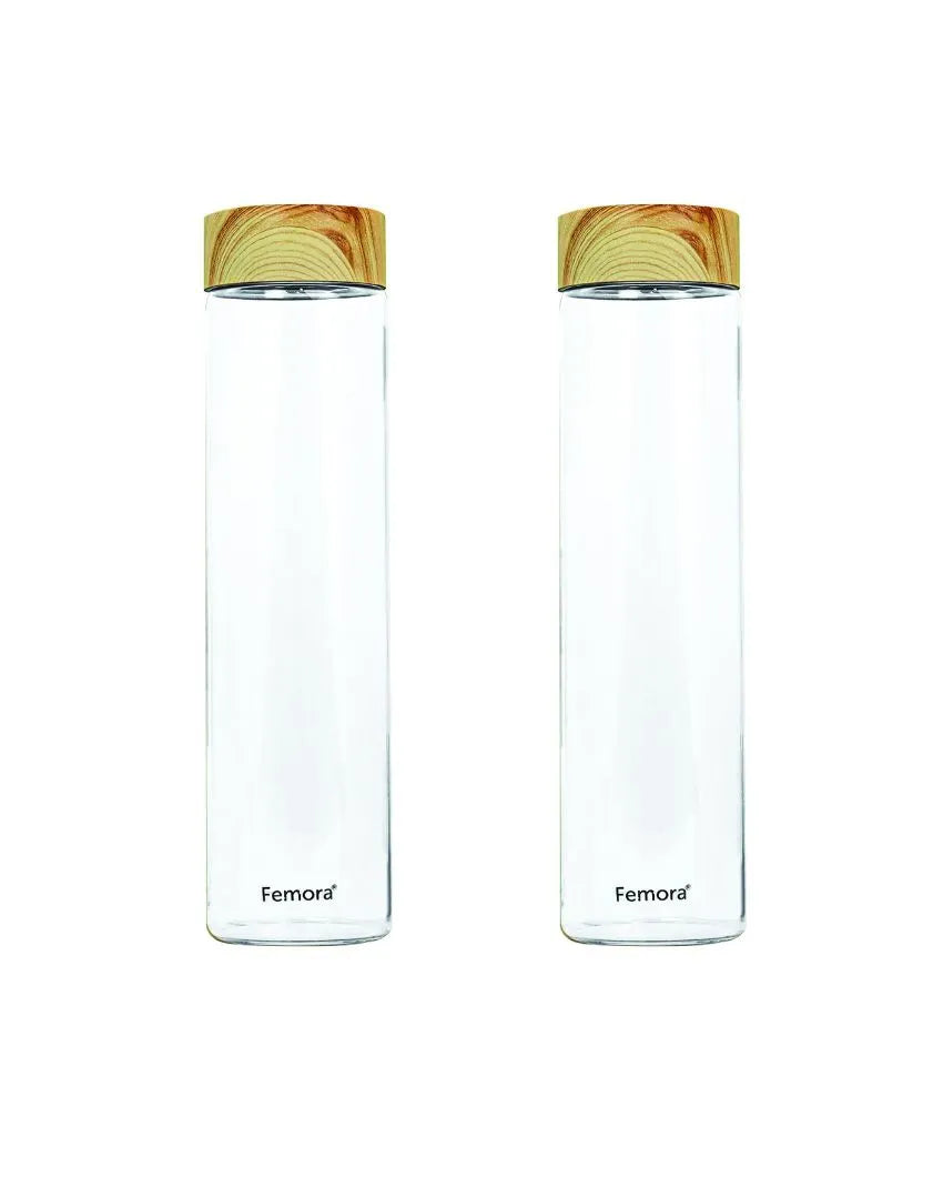 Wooden Lid Borosilicate Glass Water Bottle Durable | 1000Ml Set of 2