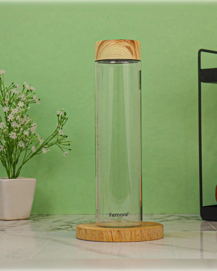 Wooden Lid Borosilicate Glass Water Bottle Durable | 1000Ml Set of 2