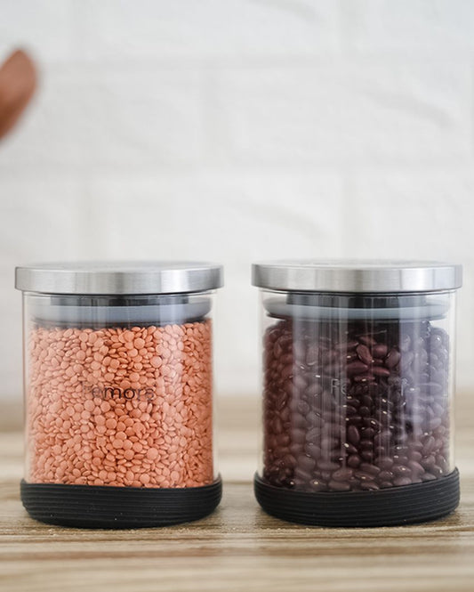 Santigo Round Borosilicate Glass Jar for Kitchen Storage Containers with SS Lid | 600ml Set Of 2