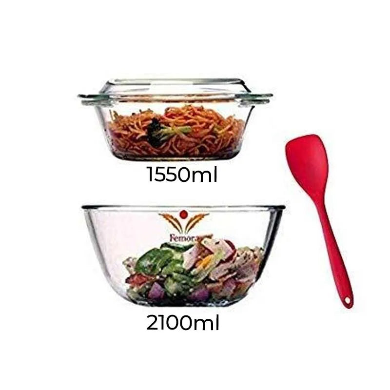 Glass Mixing Bowl, Serving Casserole & Silicone Spoon Set | 2.1L & 1.5L