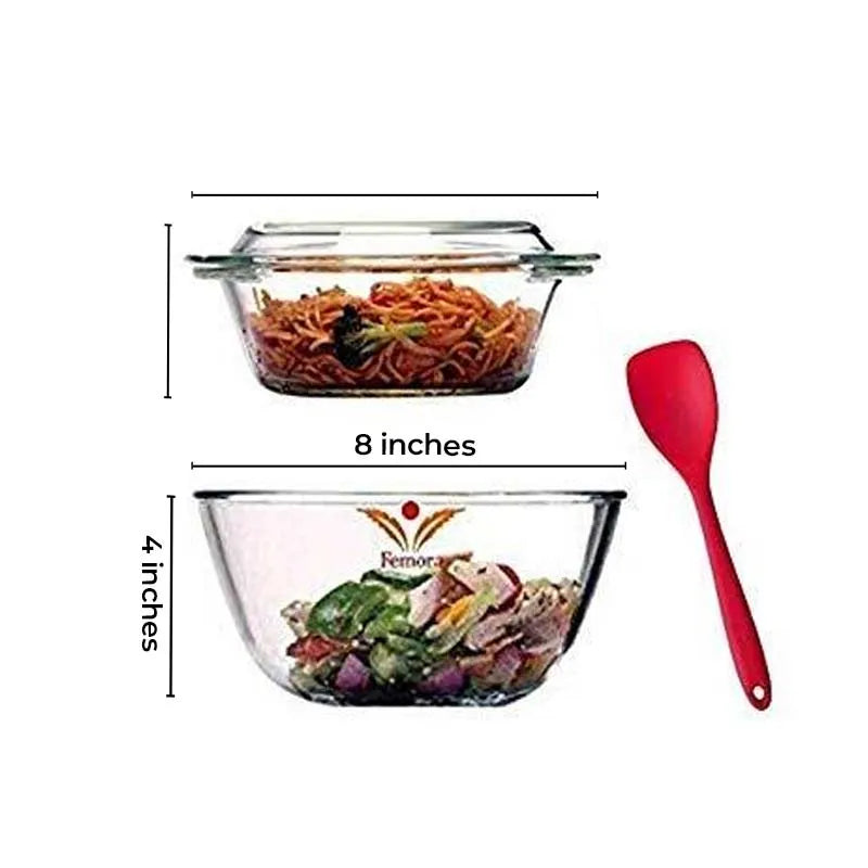 Glass Mixing Bowl, Serving Casserole & Silicone Spoon Set | 2.1L & 1.5L