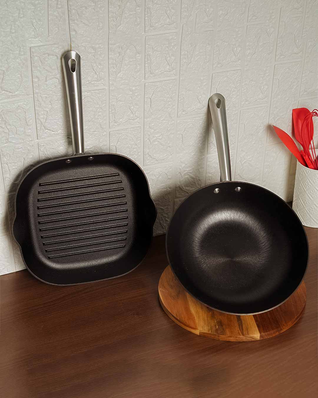 Large Non Stick Wok With Grill Pan | Safe For All Cook tops | Set of 2