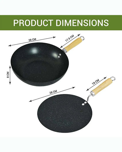 Trady 3 Layer Carbon Steel Non-Stick Wok and Tawa | Safe for All Cooktops