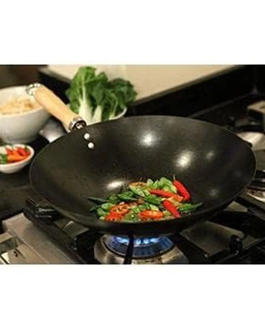 Carbon Steel Wok for Deep Frying With Wooden Handle | Safe For All Cooktops