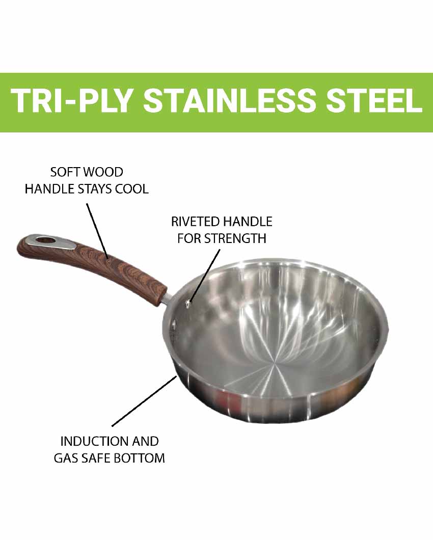 Tri-Ply Bottom Stainless Steel Flat Fry Pan With Wooden Handle | Safe For All Cookware 20 Inches