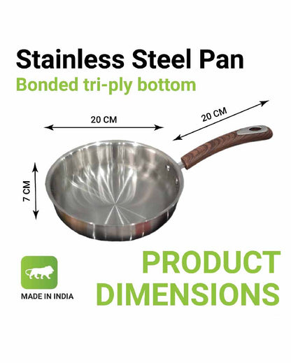 Tri-Ply Bottom Stainless Steel Flat Fry Pan With Wooden Handle | Safe For All Cookware 20 Inches