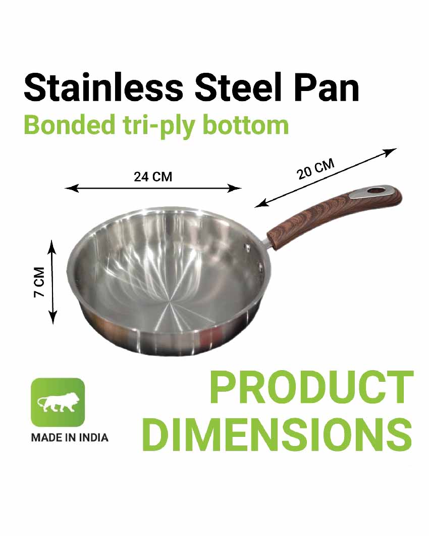 Tri-Ply Bottom Stainless Steel Flat Fry Pan With Wooden Handle | Safe For All Cookware 24 Inches