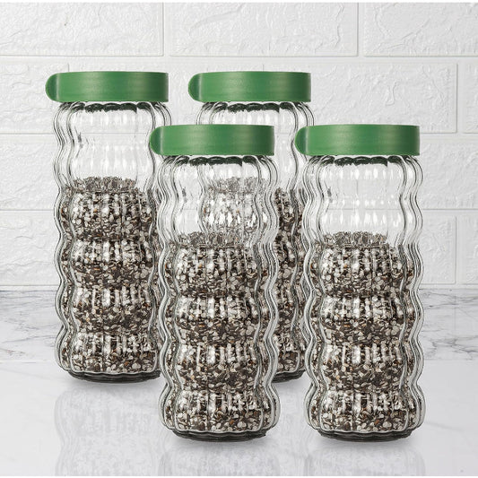 Clear Body Jar With Green Lid | Set Of 4 1 Ltr