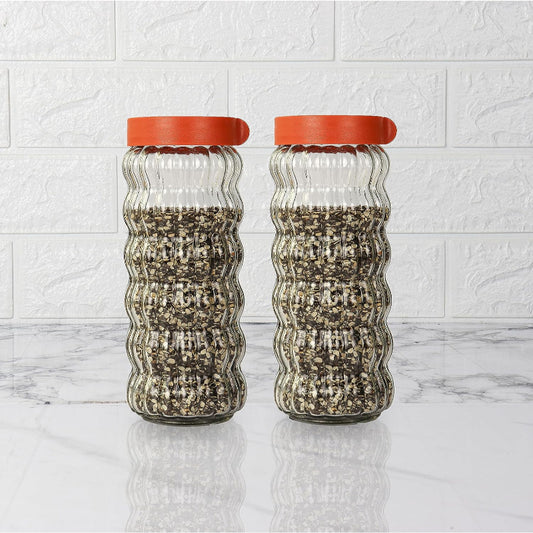 Clear Glass Storage Jar For Kitchen | Set Of 2 Red Lid