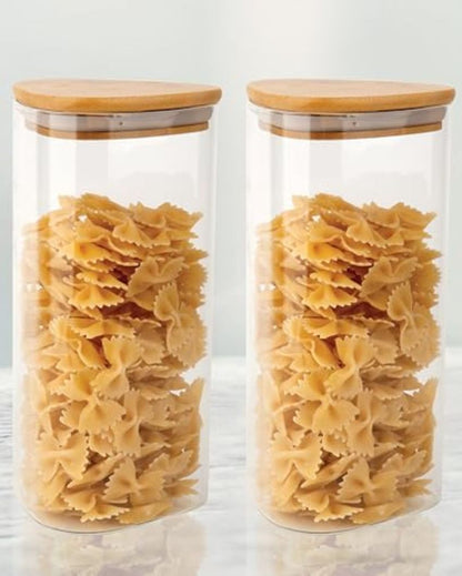 Triangle Borosilicate Glass Jar with Wooden Lid for Kitchen Storage | 1200ml Set Of 2