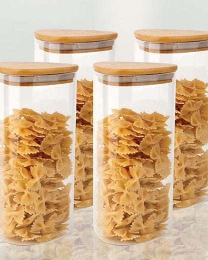 Triangle Borosilicate Glass Jar with Wooden Lid for Kitchen Storage | 1200ml Set Of 4