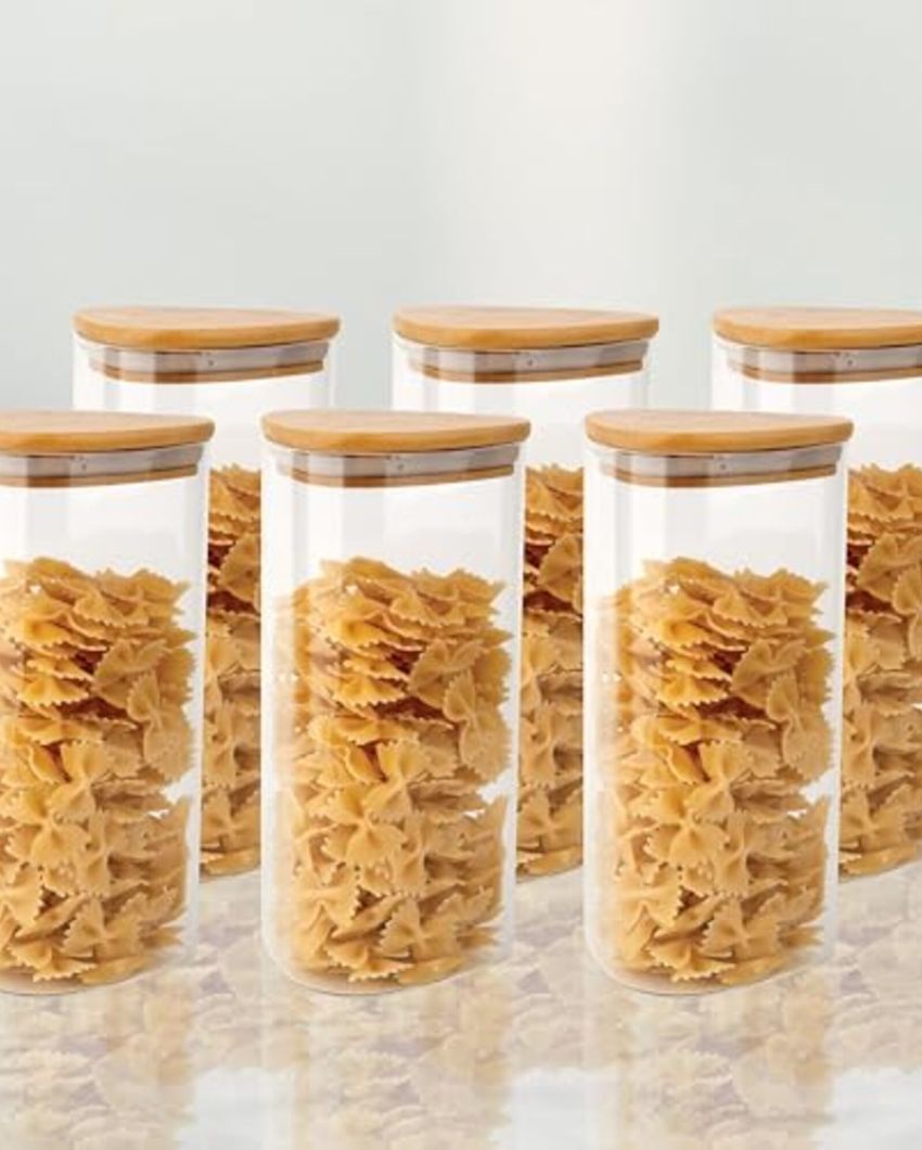 Triangle Borosilicate Glass Jar with Wooden Lid for Kitchen Storage | 1200ml Set Of 6