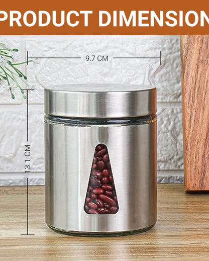 Alvara Steel Jar for Kitchen Storage with Triangle Glass Window and Stainless Steel Cover | 700ml Set Of 2