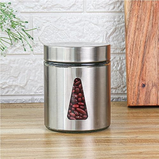 Alvara Steel Jar for Kitchen Storage with Triangle Glass Window and Stainless Steel Cover | 700ml