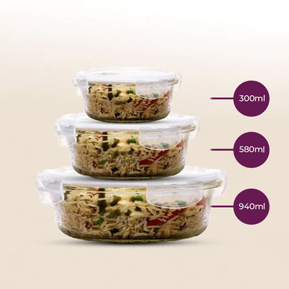 Borosilicate Food Storage Container with Lid |  Set of 3 | 380 ml, 580 ml & 940 ml