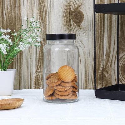 Clear Glass Storage Jar Black Lid |1.5 Ltr Set Of 2