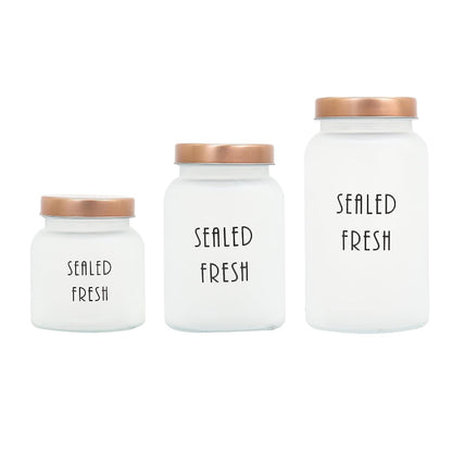 Glass Storage Jar With Gold Lid | 700ml , 1 Ltr & 1.5 Ltr | Set Of 3 Frosted Glass