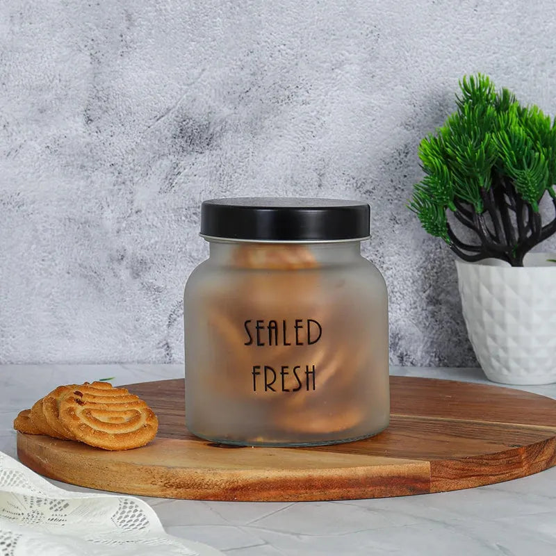 Frosted Glass Storage Jar With Black Lid 700ml Dusaan