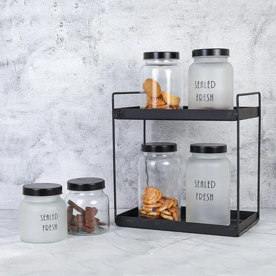 Frosted Glass Storage Jar With Black Lid | 1 Ltr Set Of 4