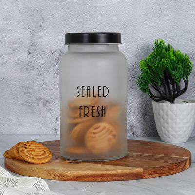 Frosted Glass Storage Jar With Black Lid | 1.5 Ltr Set Of 2