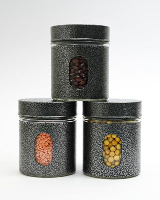 Mario Carbon Steel Jar for Kitchen Storage with Clear Glass Window and Carbon Steel Lid | 300 ml Set Of 3