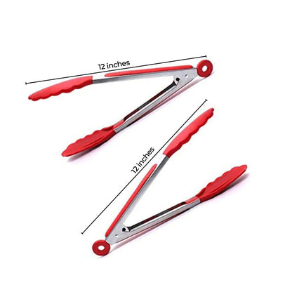 Red Silicone Food Tongs with Grip Handle | 12 inch | Set of 2