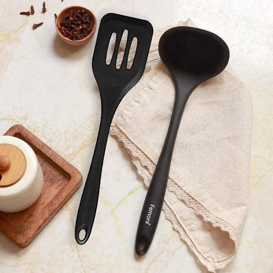 Premium Virgin Silicone Big Spatula and Slotted Turner with Grip Handle| Black| Set of 2 Default Title