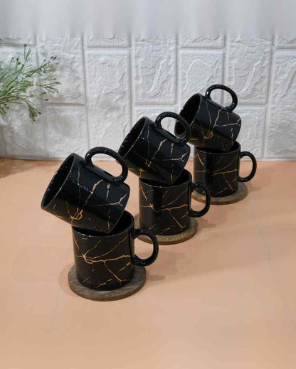 Wave 22K Liquid Marble Golden Design Ceramic Coffee Mugs | Set of 6 | 180 ML | 3 x 3 inches