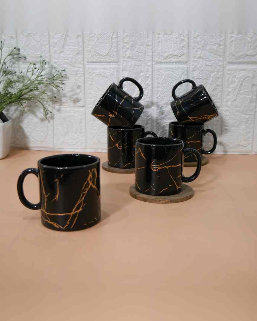 Wave 22K Liquid Marble Golden Design Ceramic Coffee Mugs | Set of 6 | 180 ML | 3 x 3 inches