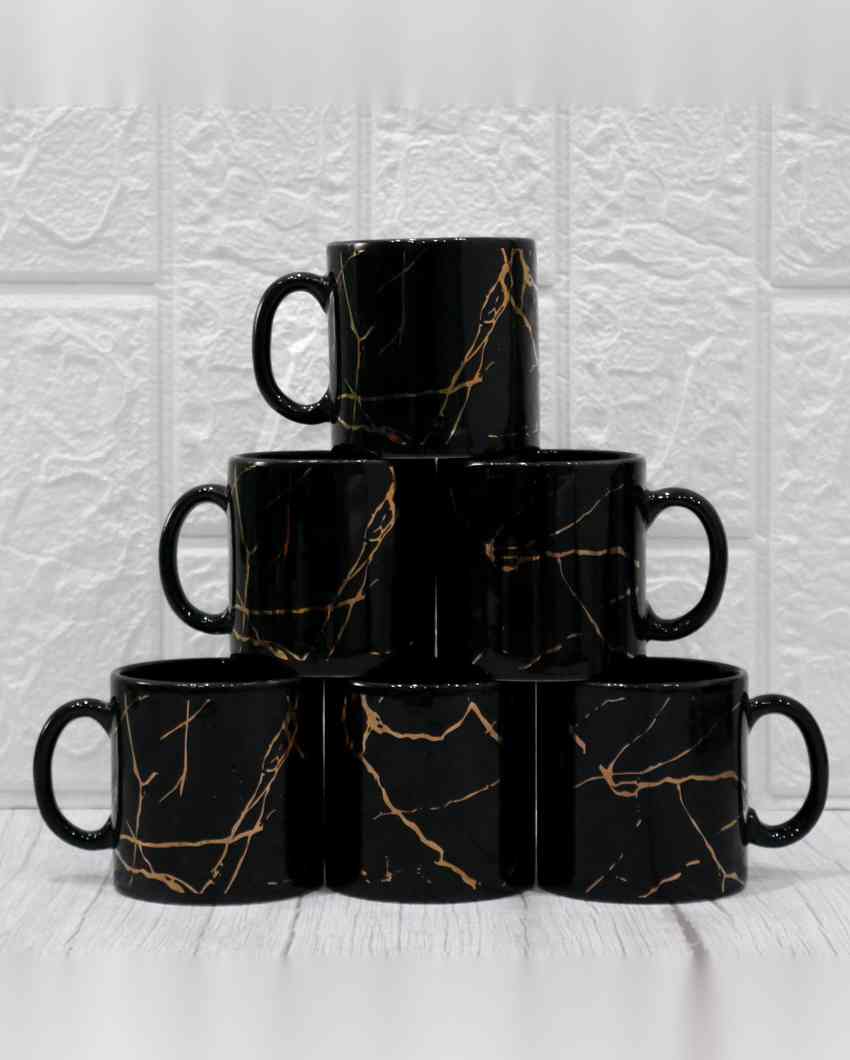 Wave 22K Liquid Marble Golden Design Ceramic Coffee Mugs | Set of 6 | 180 ML | 3 x 3 inches